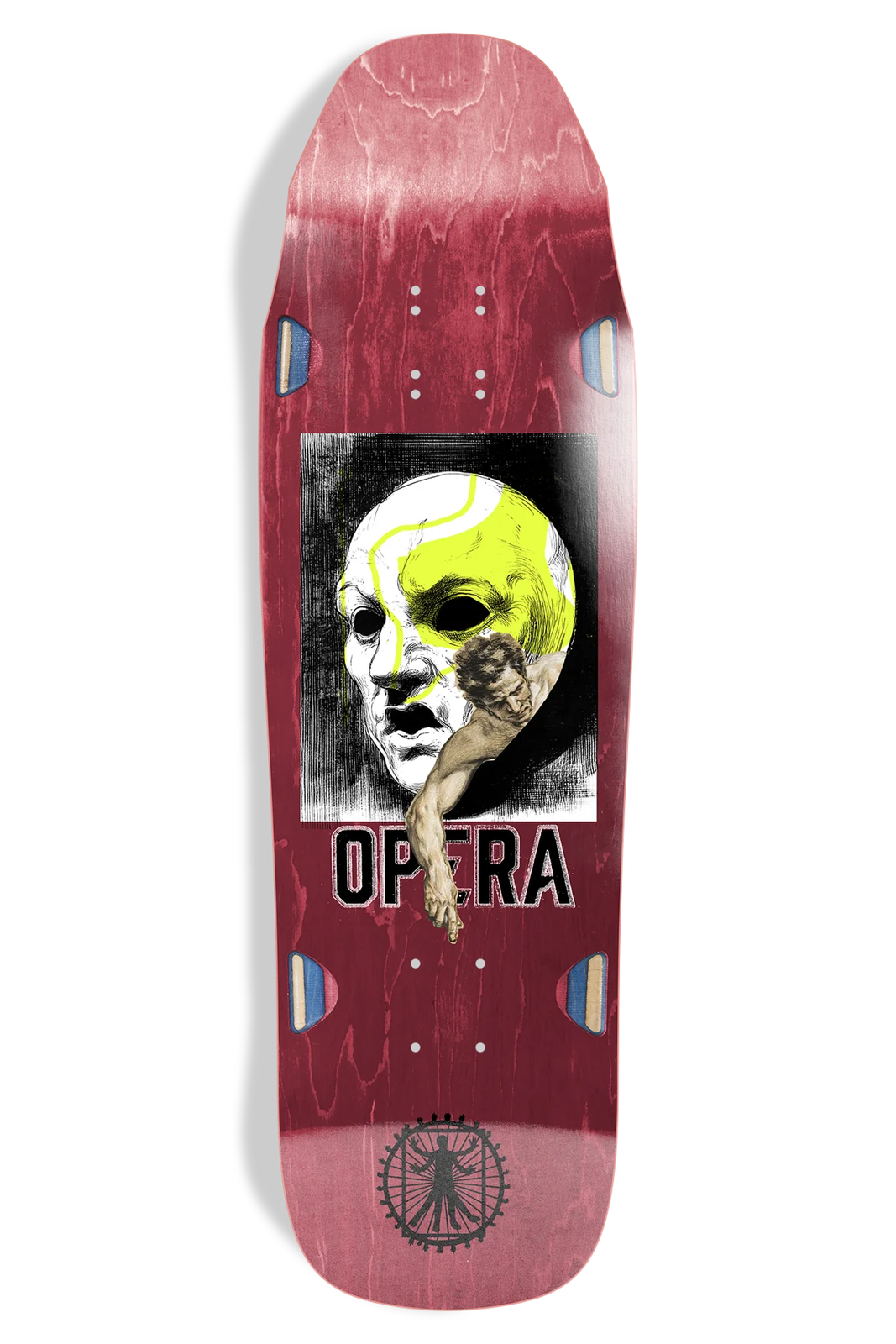 Opera Desire skateboard deck: Boxed black and white image of a classical white mask with one yellow tennis-ball eye, with a sculpted arm reaching across its cheek. The brand name in college lettering sits below, on a red-stained shaped deck.
