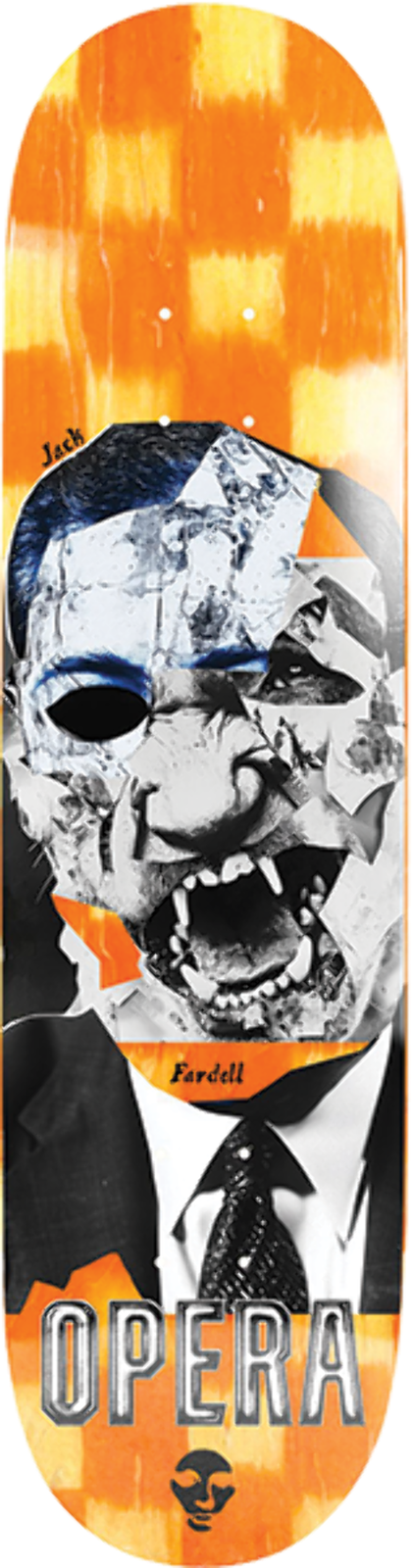 Opera Fardell Politics skateboard deck: A black and white collage portrait of a snarling, fanged figure in a suit and tie with a cut-out blackened eye, set against an orange and yellow check pattern. Brand name in large letters at the tail.