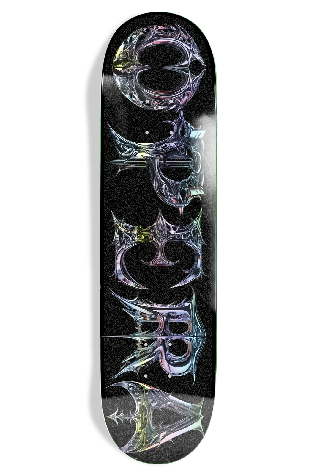 Opera Neo Ex7 skateboard deck: The Opera name in large spiky gothic lettering with a shiny, iridescent chrome finish in silver, purple and gold tones, running up a black deck.