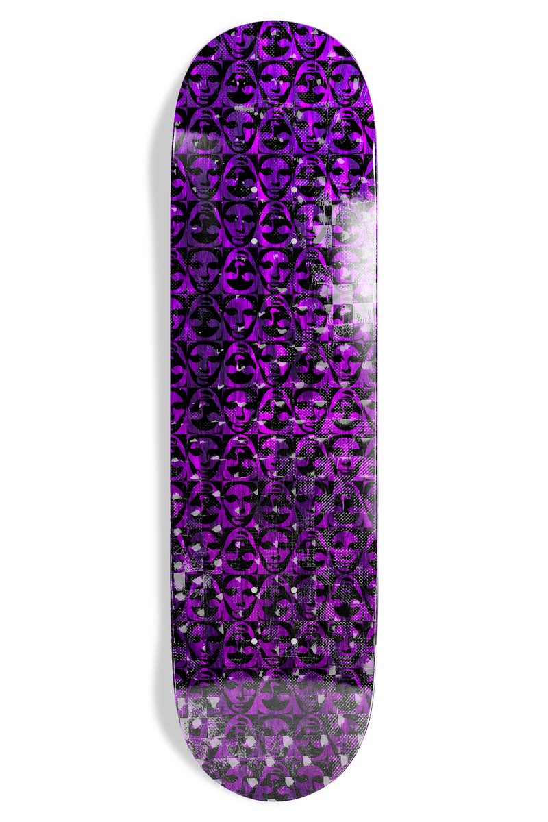 Opera Transition Symmetrical (Purple) skateboard deck: Repeating grid of veiled mask-like faces in a chequered pattern, tinted glossy purple and black with worn, speckled areas.