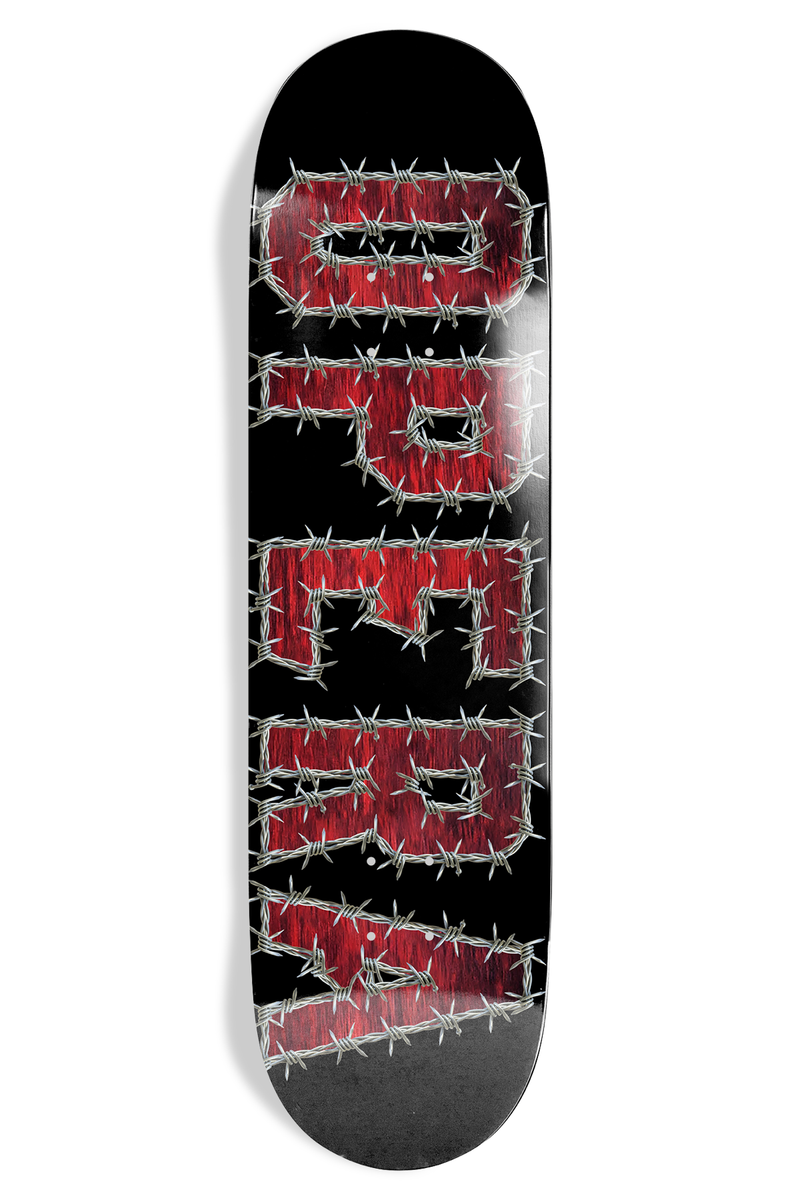 Opera Wire EX7 skateboard deck: Brand name in tall capital letters wrapped in barbed wire, filled with red texture, on a black deck.