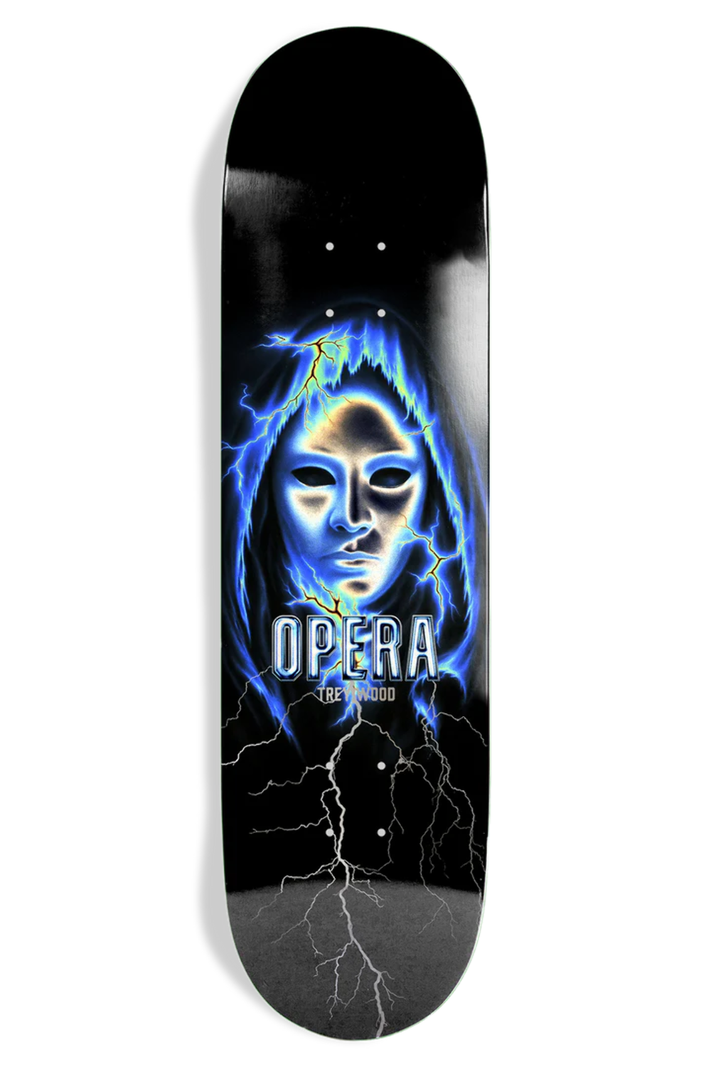 Opera Wood Lightning Ex7 skateboard deck: An airbrushed pale mask-like face inside a dark hood, lit by blue lightning, with silver forked lightning running through the dark ground below. Opera logo in chrome-style letters and a name beneath.