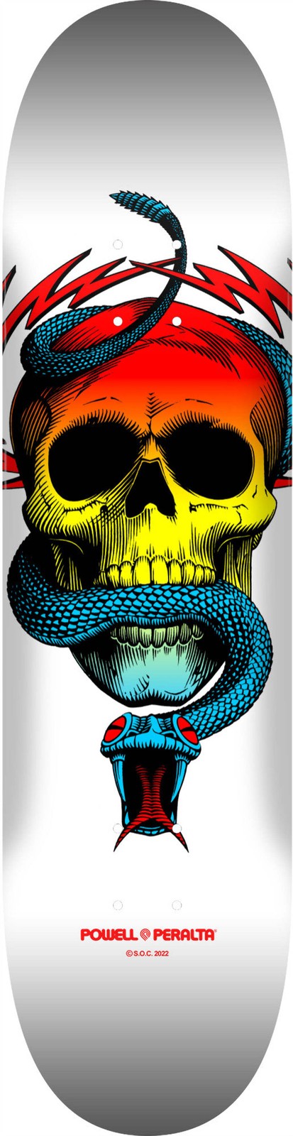 Powell Peralta Mcgill Skull & Snake Yellow Fade White skateboard deck: A skull entwined by a blue snake with open mouth, with red lightning bolts behind. The skull is filled with a fade from red through yellow, on a white deck.