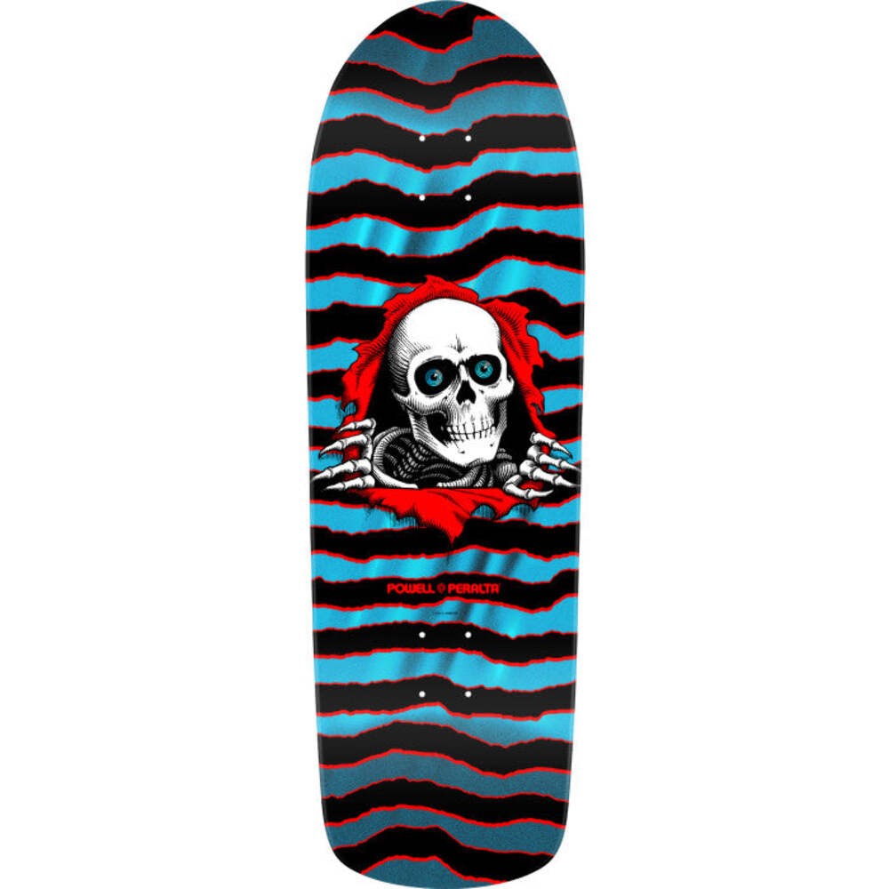 Powell Peralta Os Ripper Aqua Foil skateboard deck: A white skull with blue eyes and skeletal hands rips through a red torn hole in the surface. The background is jagged horizontal wave stripes in black and metallic aqua with red edging, on an old school shaped deck.