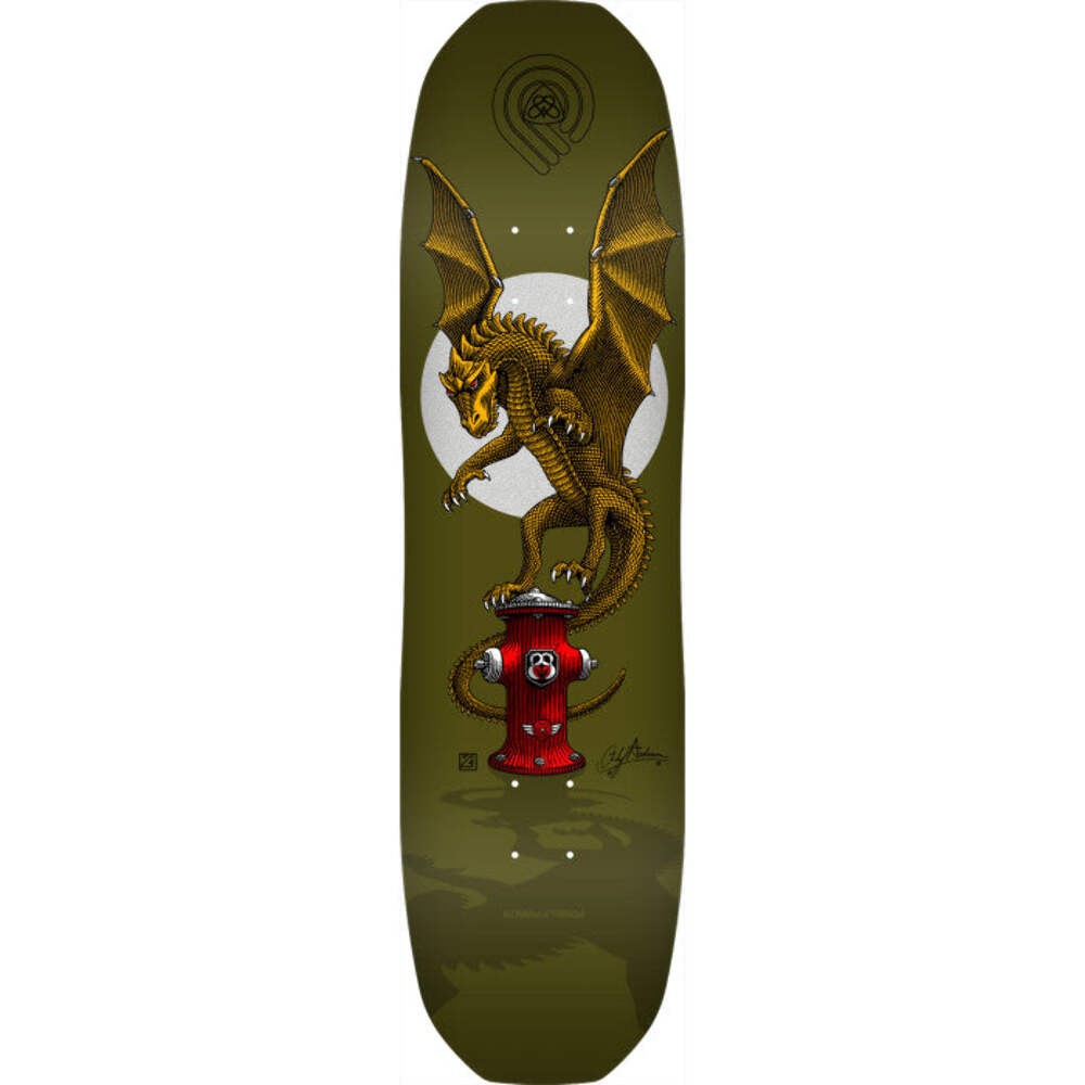 Powell Peralta Andy Anderson Hydrant 7-Ply skateboard deck: A detailed engraved-style dragon with spread wings perches on a red fire hydrant in front of a pale moon, with a faint dragon shadow below. Olive green background with a small circular emblem at the top and a signature.