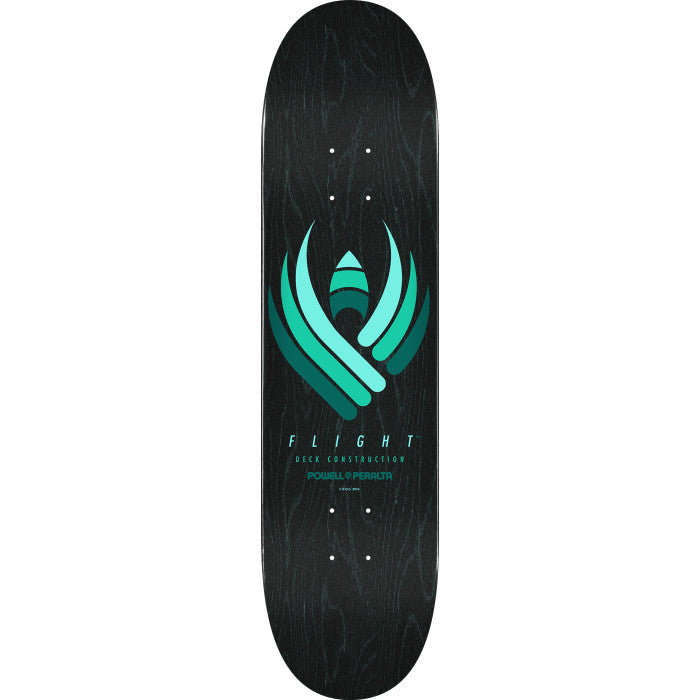 Powell Peralta Retro Black Series Flight skateboard deck: A stylised winged emblem made of layered curved shapes in shades of teal and mint, centred on a black wood-grain deck. Flight deck construction text and Powell Peralta lettering sit beneath it.