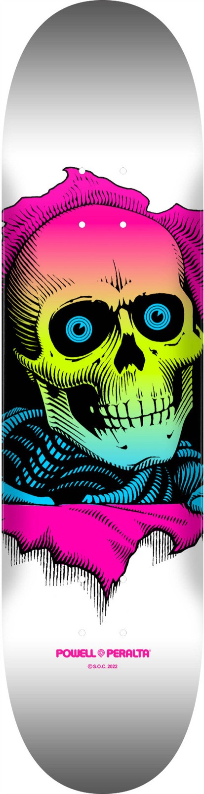 Powell Peralta Ripper Lime Fade White skateboard deck: A large skull with blue eyes bursts through a torn hole, with skeletal ribs below. The skull is filled with a neon fade from pink through yellow-green to blue, with black linework, on a white deck.