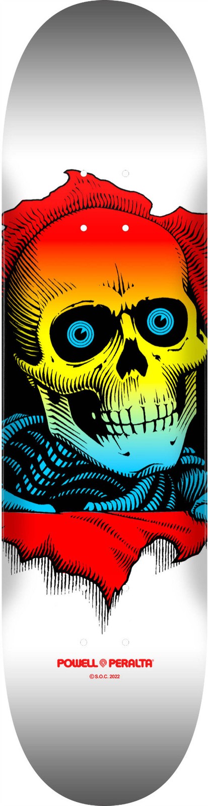Powell Peralta Ripper Yellow Fade White skateboard deck: A large skull with blue eyes bursts through a torn hole, with skeletal ribs below. The skull is filled with a fade from red through yellow to blue, with black linework, on a white deck.