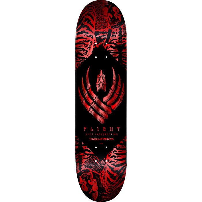 Powell Peralta Skeleton Red Foil Flight skateboard deck: A skeletal bone-hand winged emblem in red foil sits inside a black diamond, with a collage of ribcages and skulls in red on black filling the corners. Flight text and Powell Peralta lettering run below.