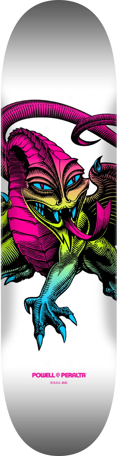 Powell Peralta Steve Caballero Dragon Lime Fade White skateboard deck: A horned, clawed dragon-like creature with a curling tail and tongue out, drawn in black line with a neon fade from pink through lime to cyan, on a white deck.