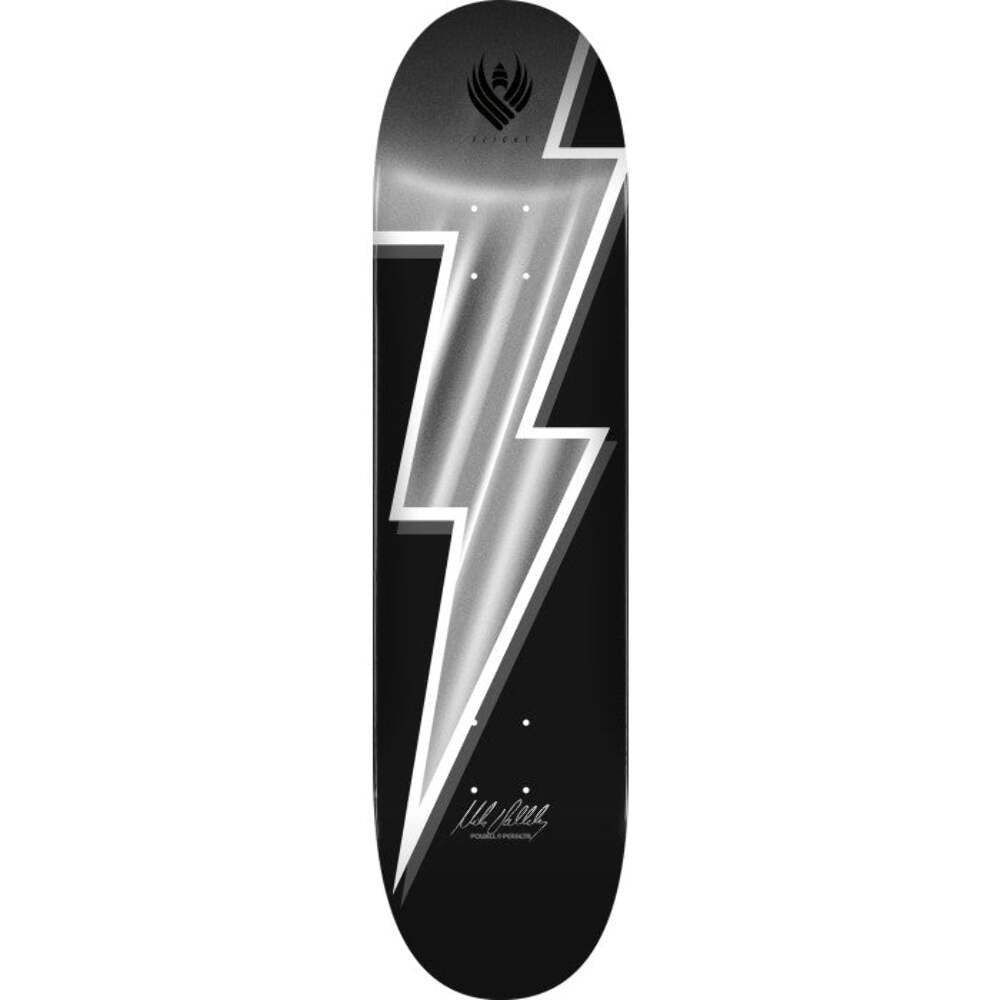 Powell Peralta Vallely Lightning Bolt Silver Foil Flight skateboard deck: A large silver foil lightning bolt with white outline runs the length of a black deck, with a small winged emblem at the top and a signature near the bottom.