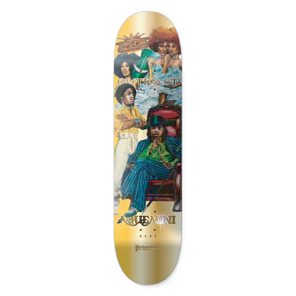 Primitive x Outkast Aquemini skateboard deck: Painted portraits of two men in 1970s style clothes, one seated in a throne in a green hat and blue pinstripe suit, with women and a wave of water behind, on a gold foil deck. OUTKAST and AQUEMINI lettering.