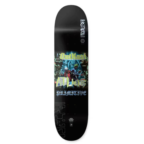 Primitive x Outkast ATLiens skateboard deck: The OutKast 'ATLiens' album cover artwork is set as a square panel in the middle of a black deck, with Primitive gothic lettering beneath it and small logos and stylised text elsewhere.