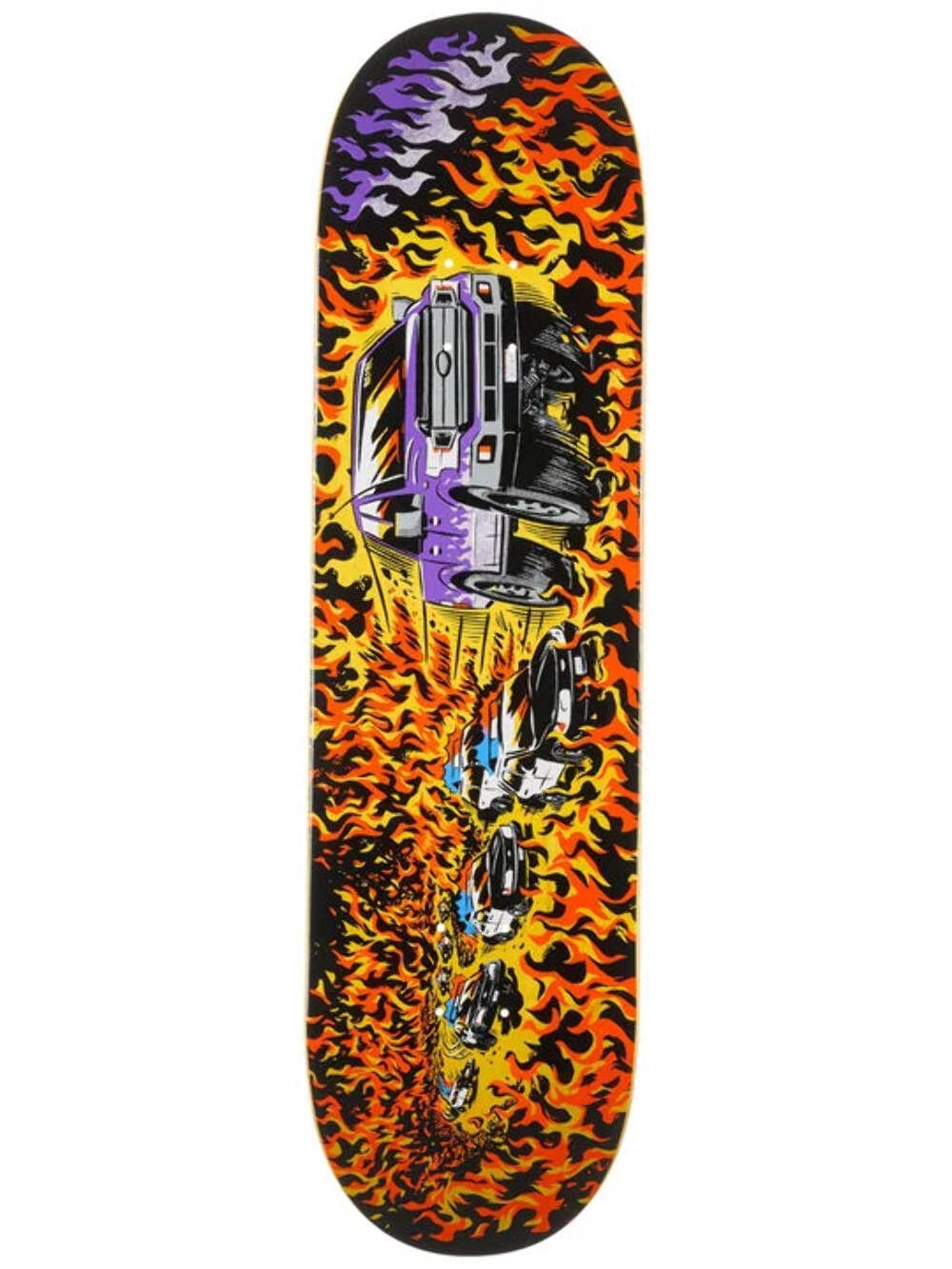 Real Hause Pig Run skateboard deck: Purple and black pickup truck bursting through a wall of orange and yellow flames, pursued by a line of police cars, in a bold comic-book style.