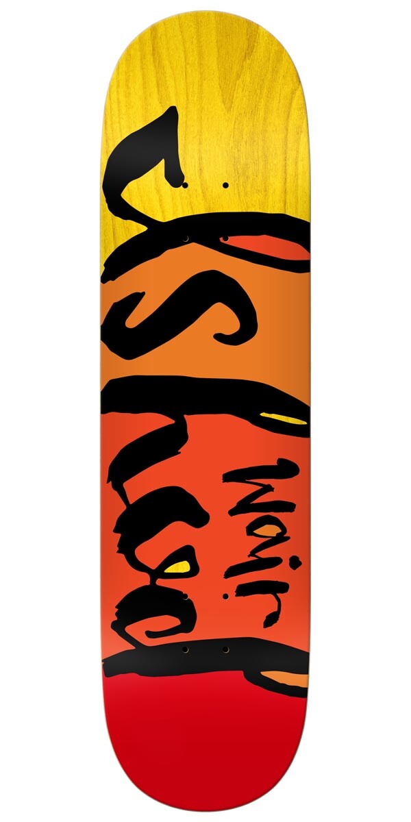 Real Ishod Script skateboard deck: Large black brush-script lettering spelling the rider's name over a yellow-to-red gradient, with part of the name rotated and written on the side. The yellow wood grain shows at the nose.