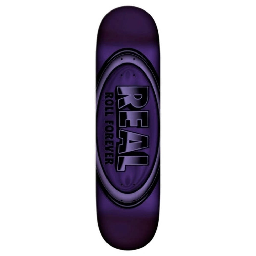 Real Oval Purple Dbx skateboard deck: Large Real oval logo with 'Roll Forever' text in dark purple tones, on a purple deck.