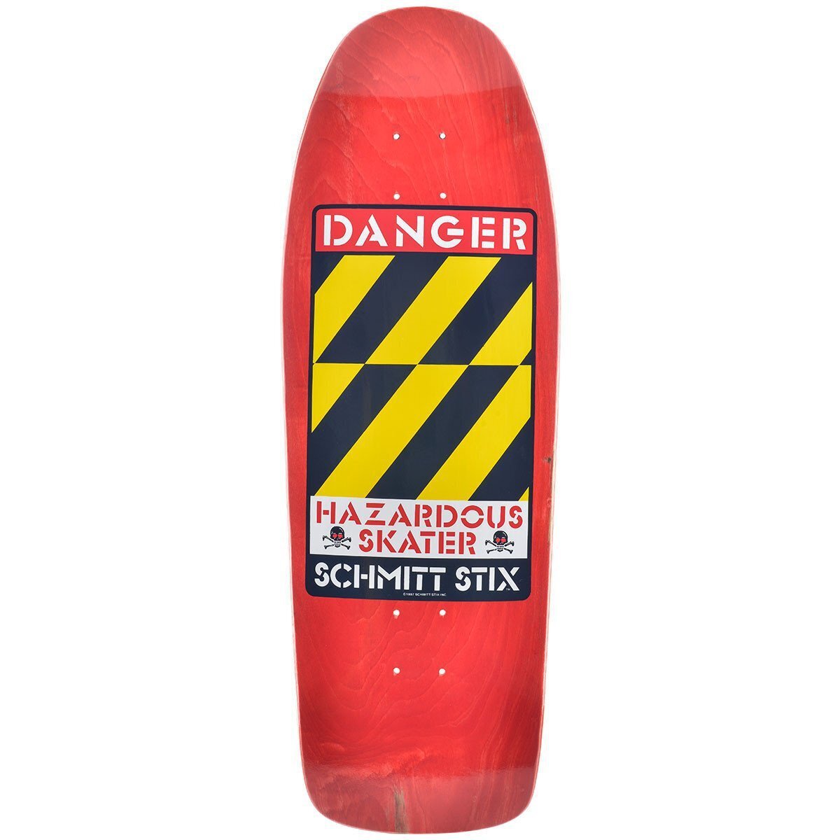 Schmitt Stix Danger Modern Concave skateboard deck: Warning-sign design with a DANGER header, yellow and navy diagonal hazard stripes, and Hazardous Skater with two skull and crossbones above the Schmitt Stix name, on a red-stained old-school shaped deck.