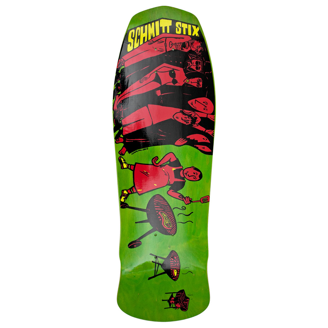 Schmitt Stix Joe Lopes BBQ skateboard deck: Old-school shaped deck showing a cartoon man in a red apron flipping food at a barbecue, with grills repeated down the lower deck and a black and red crowd of seated figures above. Yellow logo at the top on a green stain.