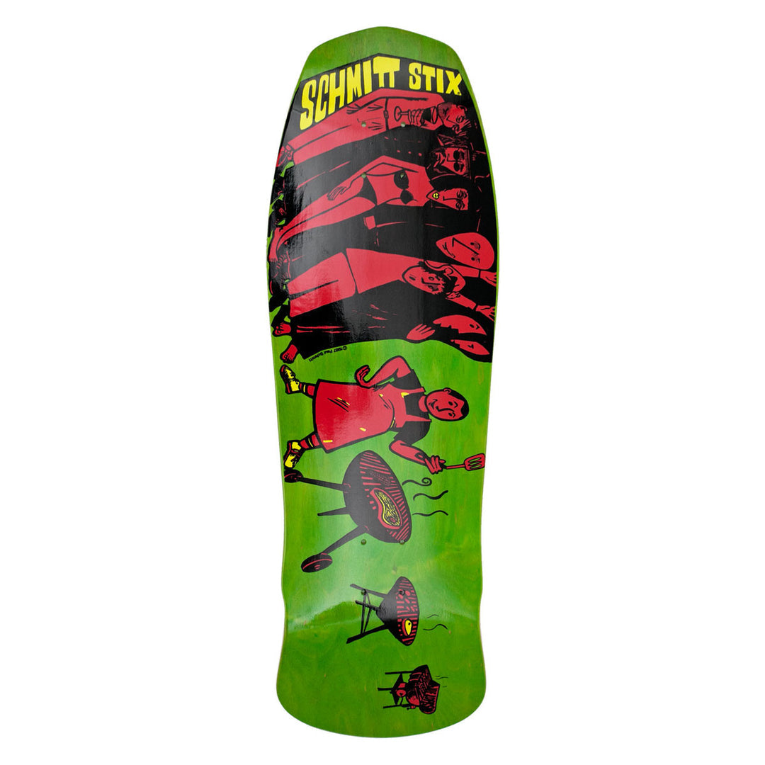 Schmitt Stix Joe Lopes Bbq Modern Concave skateboard deck: Green old-school shaped deck with a red and black illustration of a man in an apron grilling at a barbecue, with more barbecues receding below. A row of people in red and black lie stacked above. Yellow Schmitt Stix logo at the top.