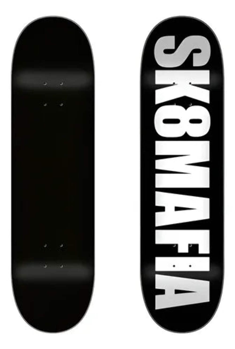 Sk8Mafia Og Logo skateboard deck: Black deck with the brand name in large bold silver-white capitals running down the length. The reverse face is plain black.