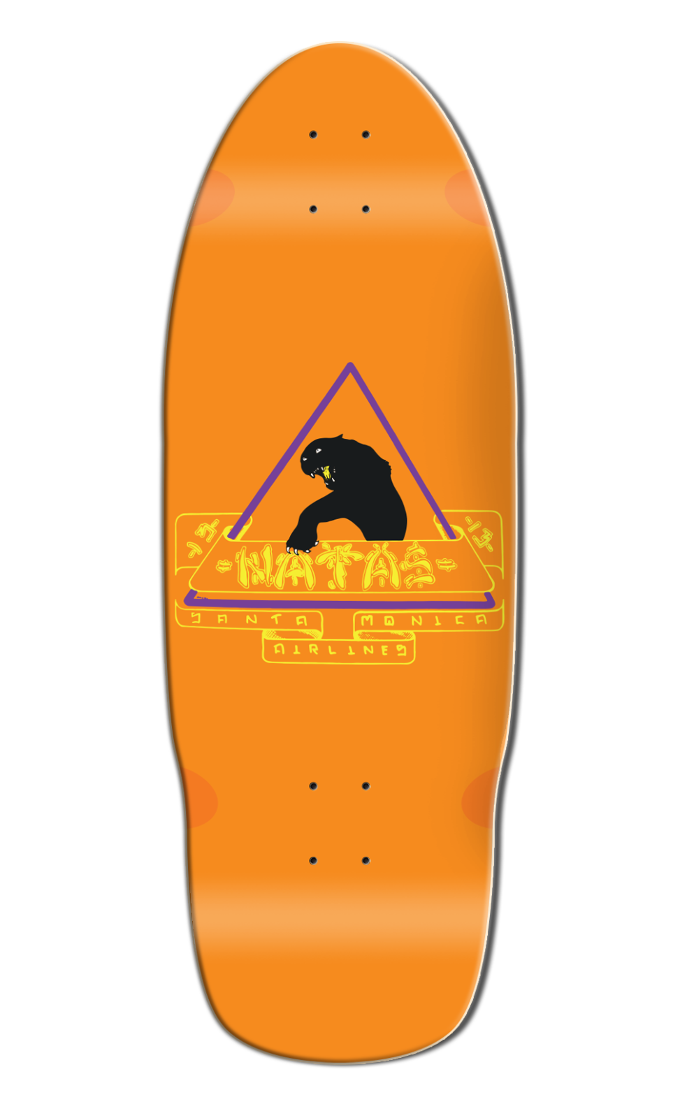 Santa Monica Airlines Natas Kaupas 1st Edition Panther Orange skateboard deck: Black panther crouching in a purple triangle, framed by a yellow hand-drawn banner reading Natas and Santa Monica Airlines, on a plain orange old-school shaped deck.