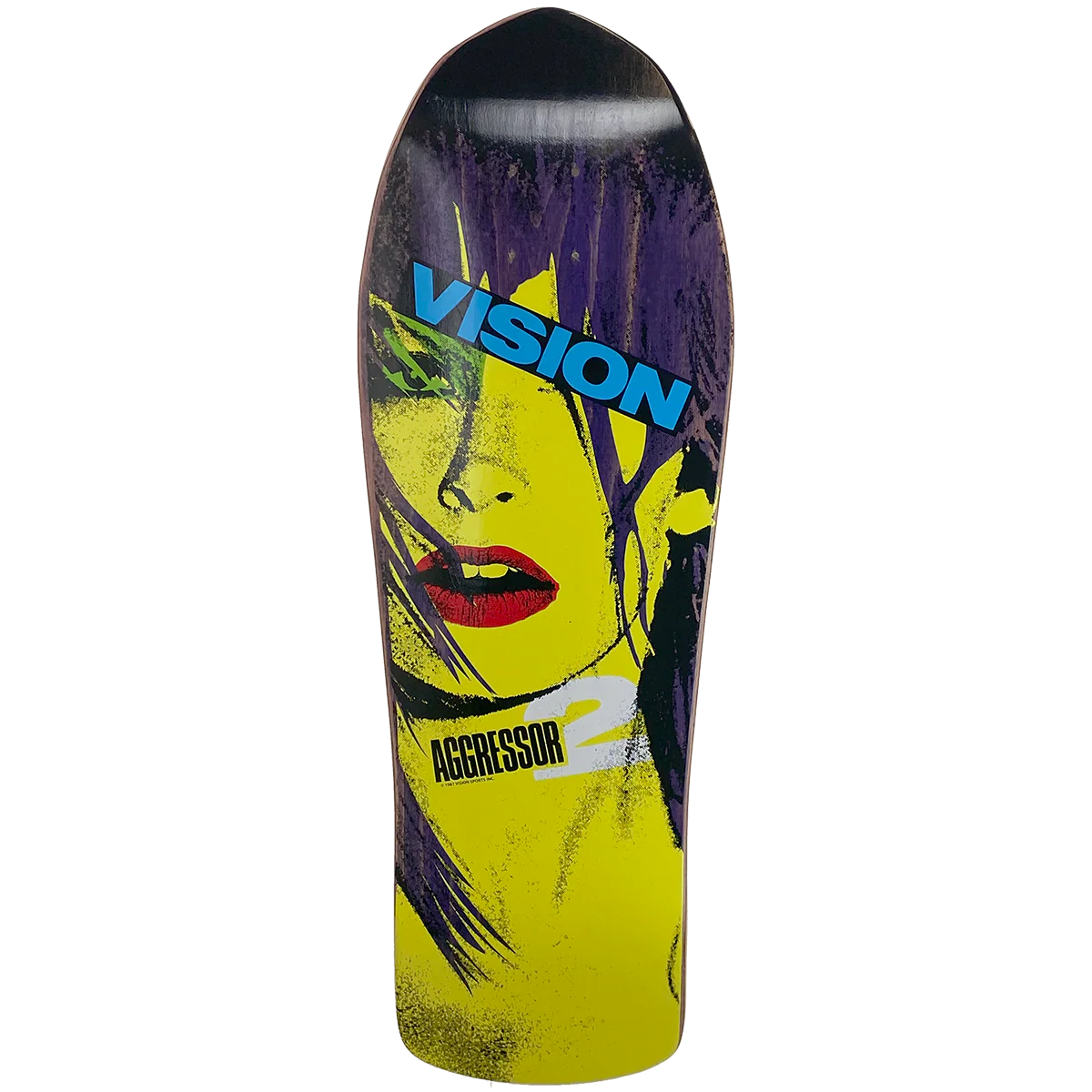 Vision Street Wear Aggressor 2 Modern Concave skateboard deck: Old-school shape with a high-contrast yellow screenprint of a woman's face with red lips, green eye and purple hair. A blue VISION logo crosses her eyes and AGGRESSOR 2 is printed near the bottom.