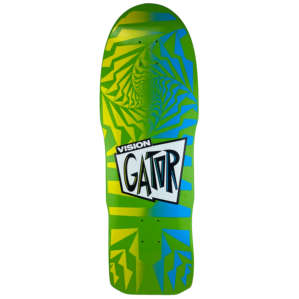 Vision Street Wear Gator II Modern Concave skateboard deck: Green old-school shape with a tunnel of jagged yellow and blue geometric shards spiralling towards the nose. A white angular 'Vision Gator' logo box sits in the middle.