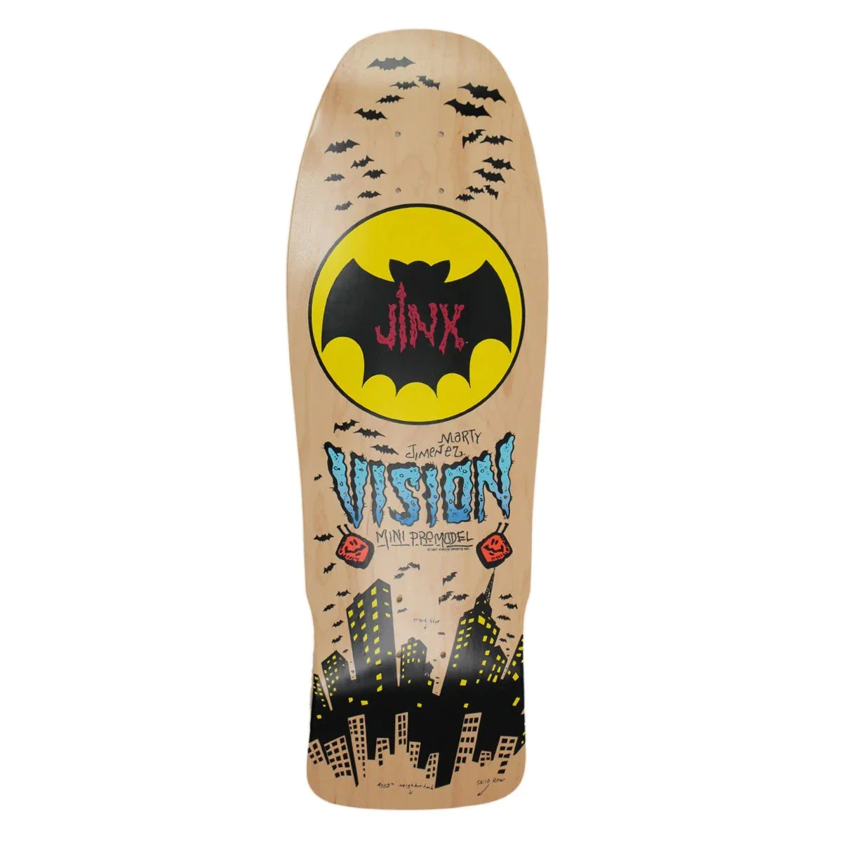 Vision Street Wear Jinx Mini Modern Concave skateboard deck: Natural wood old-school deck with a yellow bat-signal style circle containing a black bat and red 'Jinx' lettering, swarms of bats, a night city skyline at the base and blue 'Vision' lettering with Marty Jimenez and 'Mini Pro Model'.