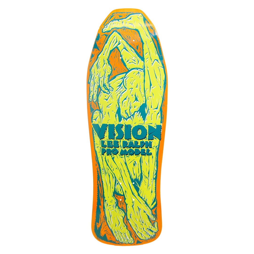 Vision Street Wear Lee Ralph Modern Concave skateboard deck: Woodcut-style yellow figures with intertwined limbs and large hands on a teal and orange old-school shaped deck, with Vision Lee Ralph Pro Model in teal block lettering across the middle.