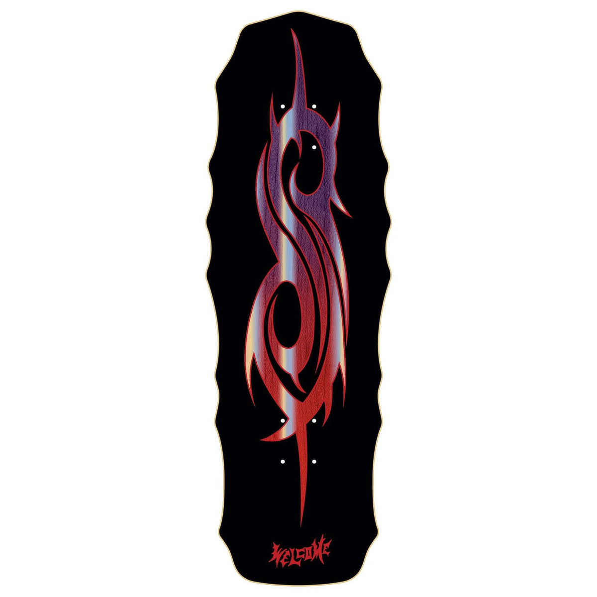 Welcome X Slipknot Tribal S On Widow skateboard deck: Shaped black deck with a large tribal S emblem in a holographic purple to red gradient. Welcome logo in red at the tail.