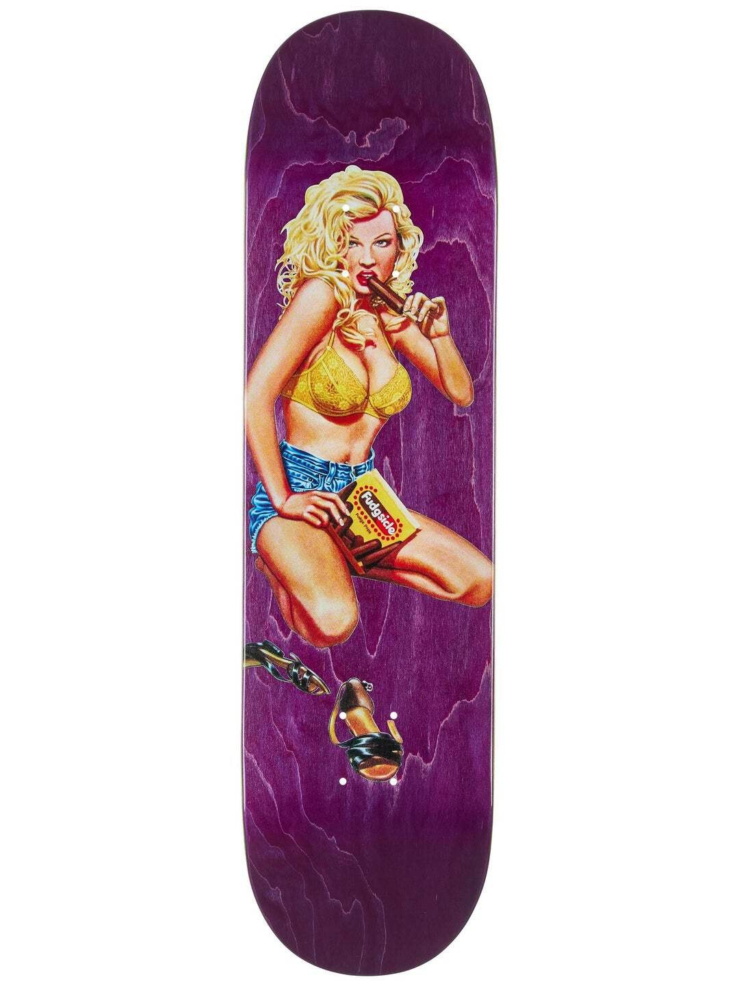 World Industries Kareem Campbell Fudgesicle Ex7 skateboard deck: Pin-up style painting of a blonde woman in a yellow top and denim shorts, kneeling and biting a chocolate ice lolly with a Fudgesicle box in her hand, on a purple-stained deck. High-heeled shoes lie at her feet.