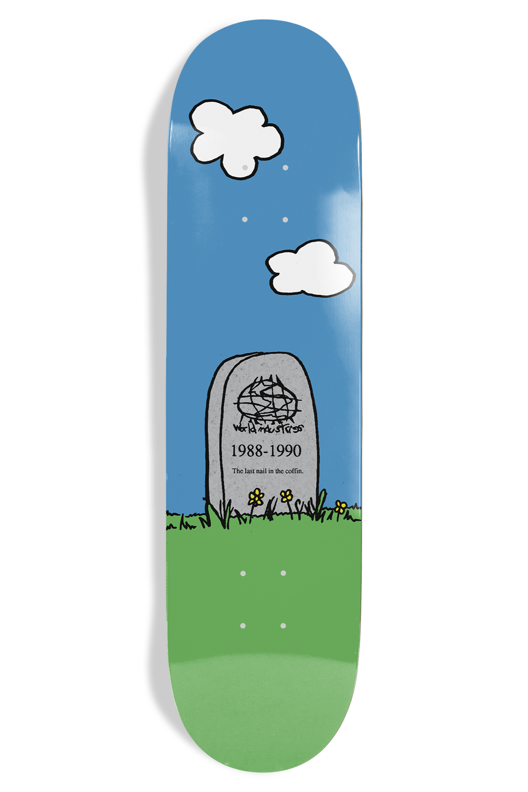World Industries Skateboarding Is Dead Ex7 skateboard deck: A simple cartoon scene of a grey gravestone in a green field under a blue sky with two white clouds, with small yellow flowers at its base. The stone carries the World Industries scribbled logo and the dates 1988-1990.