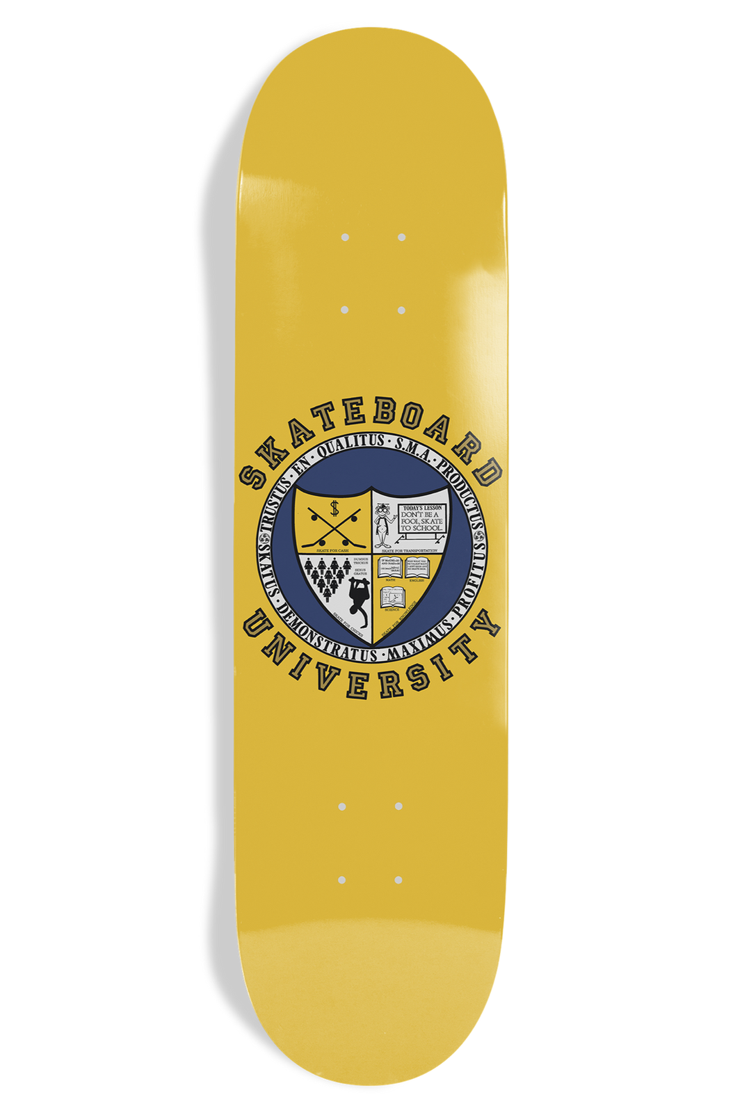 World Industries University Ex7 skateboard deck: University-style crest on a plain mustard deck, with a navy shield showing crossed skateboards, a book and a figure. It is ringed by Skateboard University and Latin-style mottos.