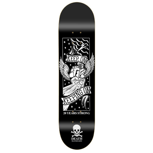 Death Skateboards Death Richie Jackson Art Nouveau skateboard deck: Black and white tattoo-style panel of a winged fist gripping a flaming torch, with banners reading Keep On Keeping On. A skull and crossbones logo sits at the foot.