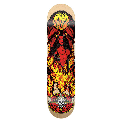 Death Skateboards Death Benson Devil Woman skateboard deck: A red-skinned devil woman with bat wings and a whip stands in tall flames beneath a flaming sun lettered with the name, above a skull and crossbones in an inverted pentagram, on a natural wood deck.