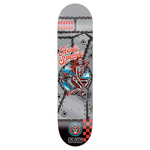 Death Skateboards Death Watch TV skateboard deck: Red-haired skeleton pin-up reclining on a falling bomb, in a round porthole against a riveted grey aircraft-metal background with bullet holes and rows of red bombs. Rider name in red script, Death logo and red chequer at the base.