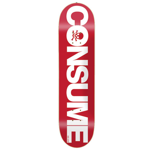 Death Skateboards Death Consume skateboard deck: Red deck with the word CONSUME in huge white sans-serif capitals running the length of the board. A small red skull and crossbones sits inside the O, with tiny Death text near the tail.