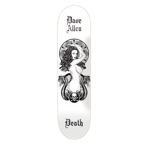 Death Skateboards Death Dave Allen White Medusa skateboard deck: Black ink illustration of a nude woman with long snaking hair, flanked by two cobras within a skull-decorated circular halo, with a skull and crossbones and flames below, on a white deck with gothic lettering.
