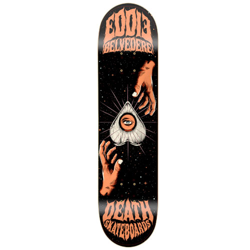 Death Skateboards Death Benson Devil Woman skateboard deck: Two hands reach towards a white planchette with an eye at its centre, radiating lines, against a starry black sky. Eddie Belvedere's name is at the top and Death Skateboards at the bottom in ornate lettering.
