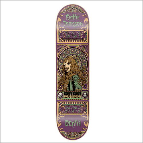 Death Skateboards Death Richie Jackson Art Nouveau 8 skateboard deck: Art nouveau style portrait of a long-haired man with a moustache inside an ornate arched frame, with floral borders and small skulls. The rider's name is at the top and DEATH at the bottom.