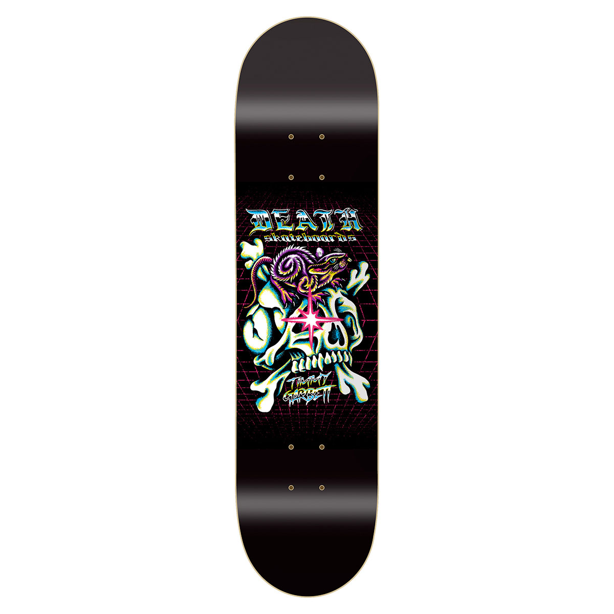 Death Skateboards Death Timmy Garbett Ratz King - Death Skateboards skateboard deck: A neon-coloured skull and crossbones with a tangle of rats on top and a glinting star in one eye socket, set against a red perspective grid on a black deck, with gothic chrome lettering above.