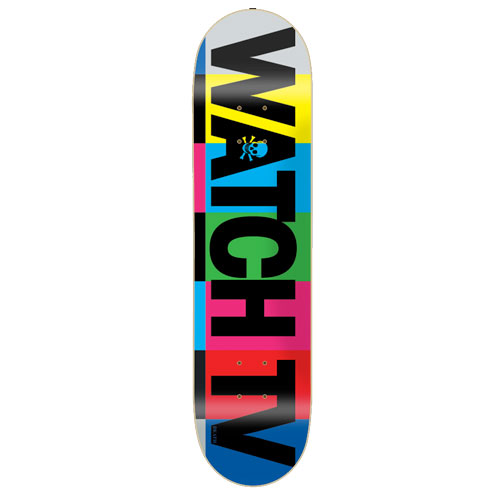 Death Skateboards Death Watch TV skateboard deck: Giant black block letters reading WATCH TV run down the deck over horizontal colour bars in yellow, cyan, magenta, green, red and blue, like a TV test card. A small blue skull and crossbones sits in the middle.