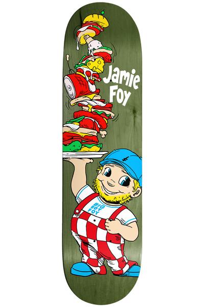 Deathwish Big Boy Foy 8.25 skateboard deck: A cartoon boy in a blue cap and red and white checked overalls, in the style of a burger restaurant mascot, holds up a plate piled with a towering stack of sandwich ingredients, with the rider name in white at the top.
