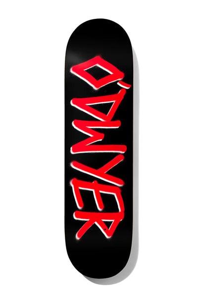 Deathwish BOD Gang Name Black/Red 8.5 skateboard deck: A rider's surname in large red spray-paint-style capital letters with white overspray edges, running down the length of a plain black deck.