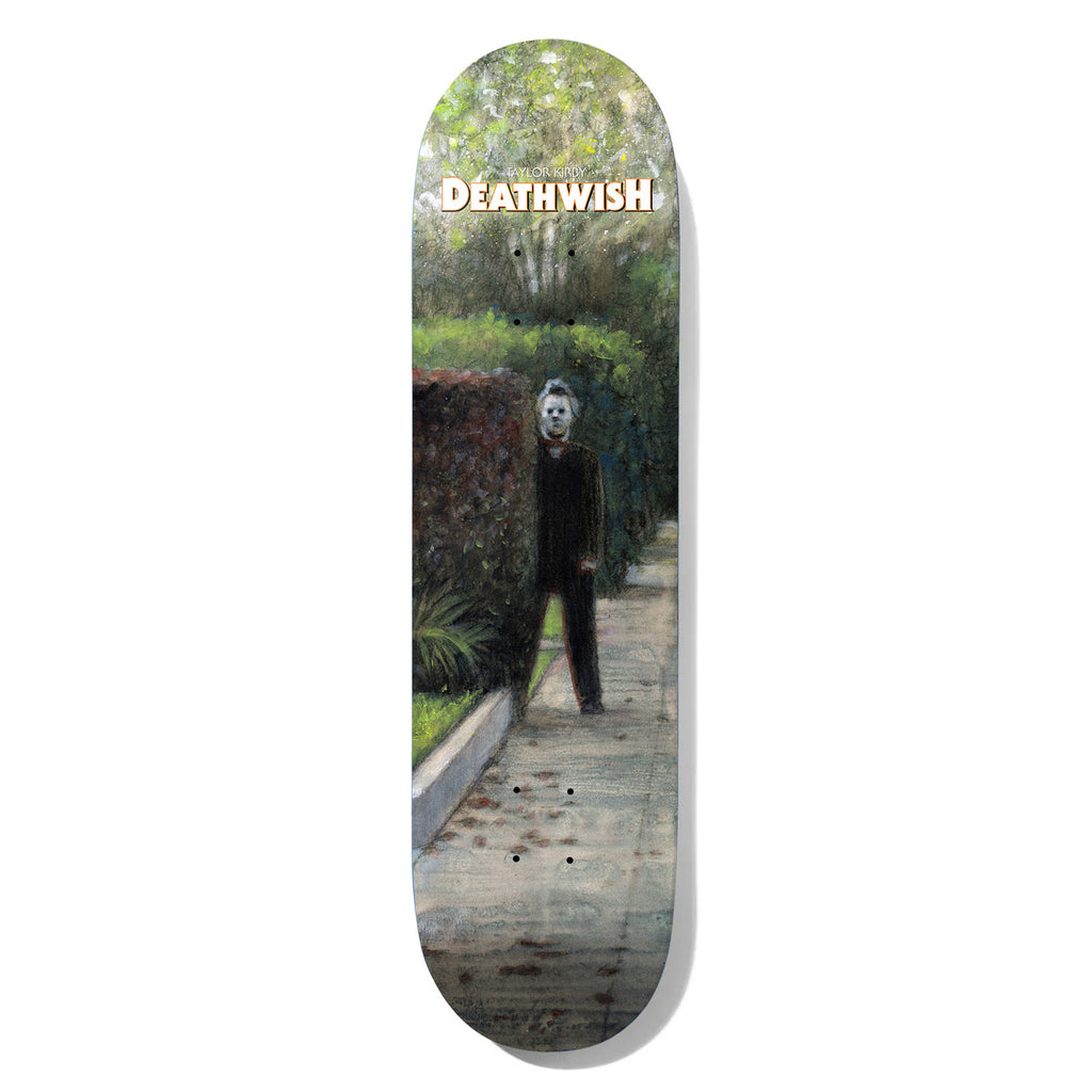 Deathwish Kirby Boogey Man 2 8.25 skateboard deck: Painting of a masked, dark-suited figure with a pale mask standing beside a hedge on a leafy suburban pavement, with the Deathwish logo and rider name at the top.