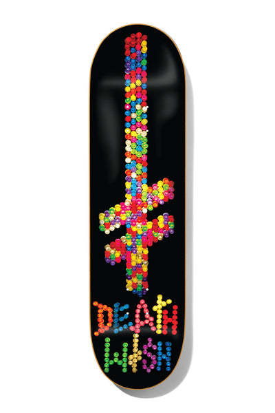 Deathwish Brite Lite 8.125 skateboard deck: Deathwish gang logo cross and the brand name built from bright multicoloured round beads or buttons on a black deck.