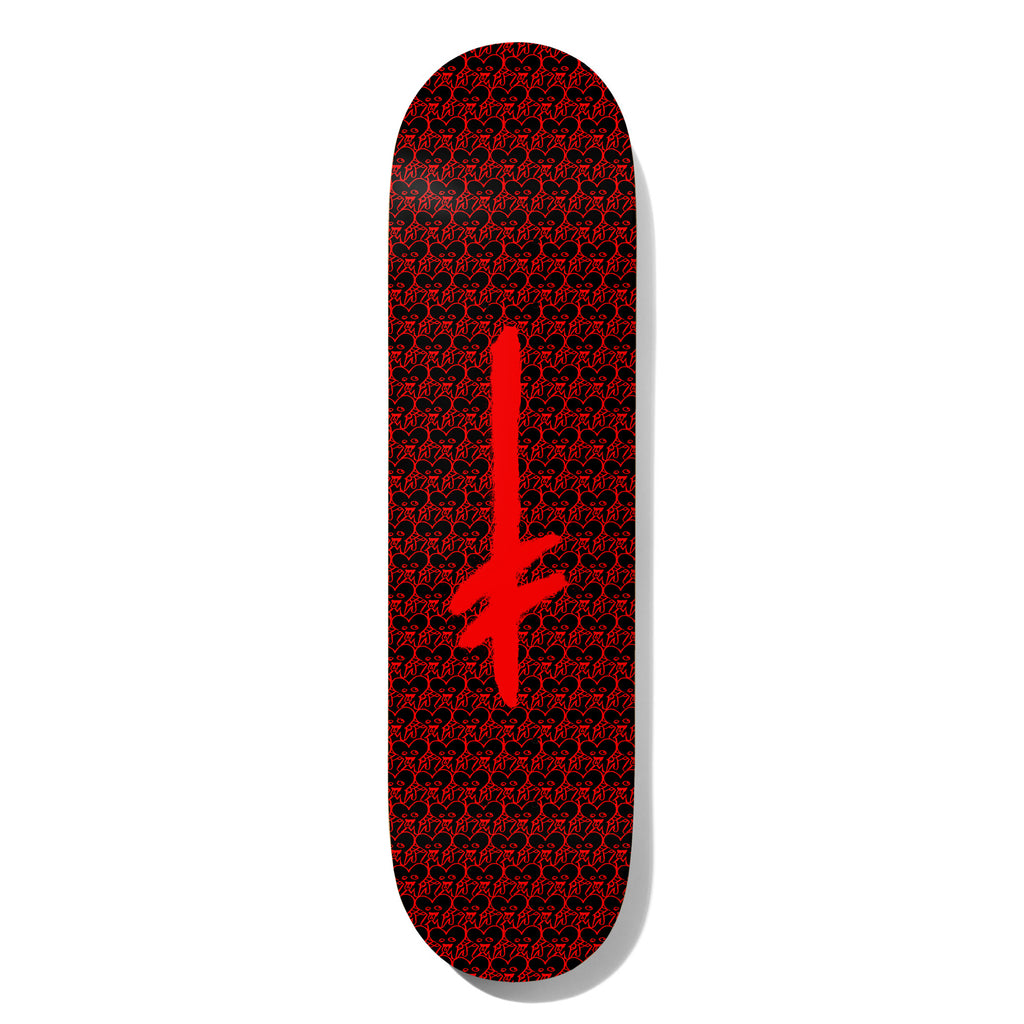 Deathwish Credo All Over 8.5 skateboard deck: Black deck covered in a repeating red heart and Deathwish logo pattern, with a large red brush-stroke inverted cross Deathwish logo in the centre.