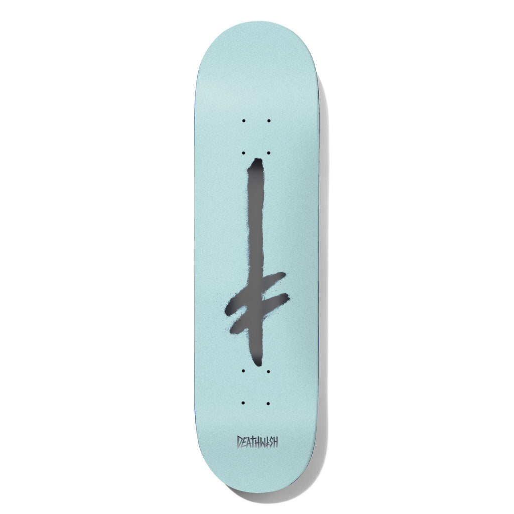 Deathwish Credo Light Blue Pearl 8.38 skateboard deck: Pearly light blue deck with a large grey brushstroke Credo cross-style mark running down the centre, and small Deathwish lettering near the tail.