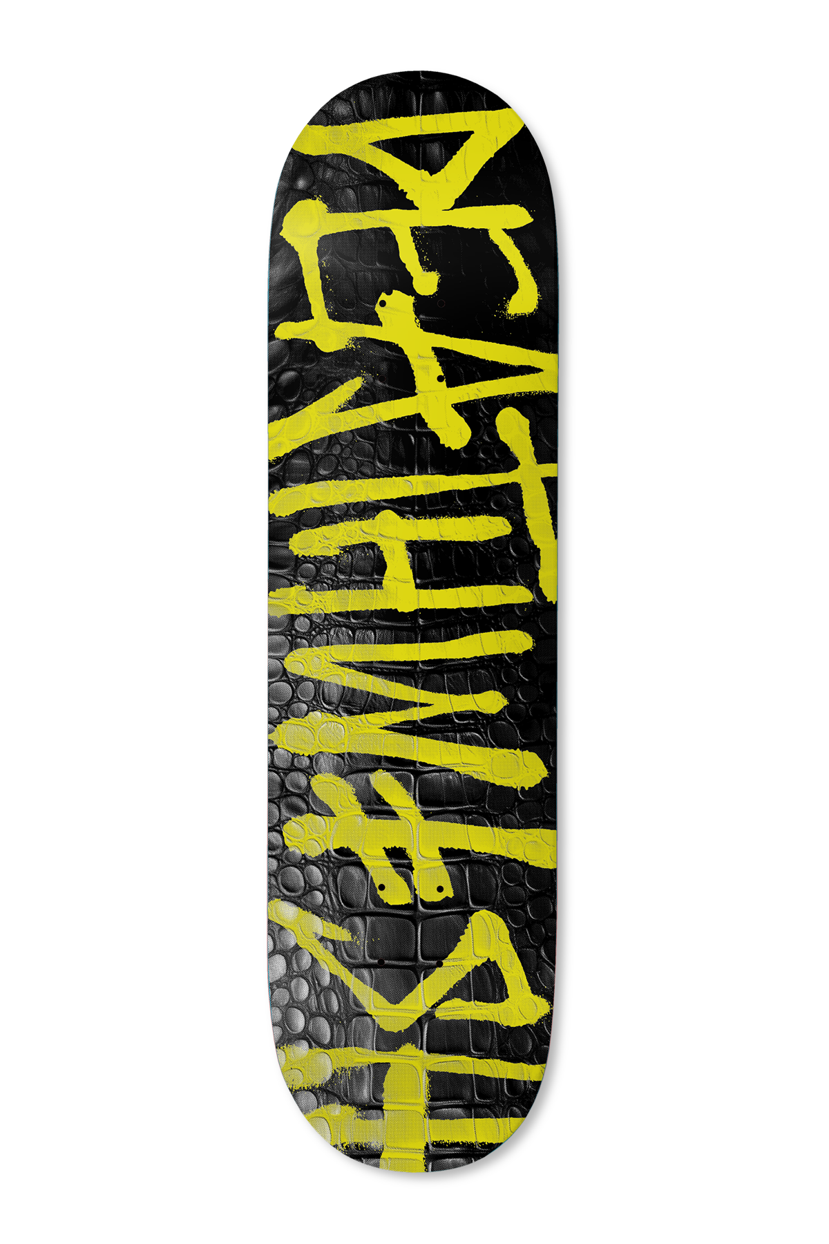 Deathwish Croc Spray 8.25 skateboard deck: The Deathwish name sprayed in loose yellow paint letters runs along a black deck embossed with a glossy crocodile-skin texture.