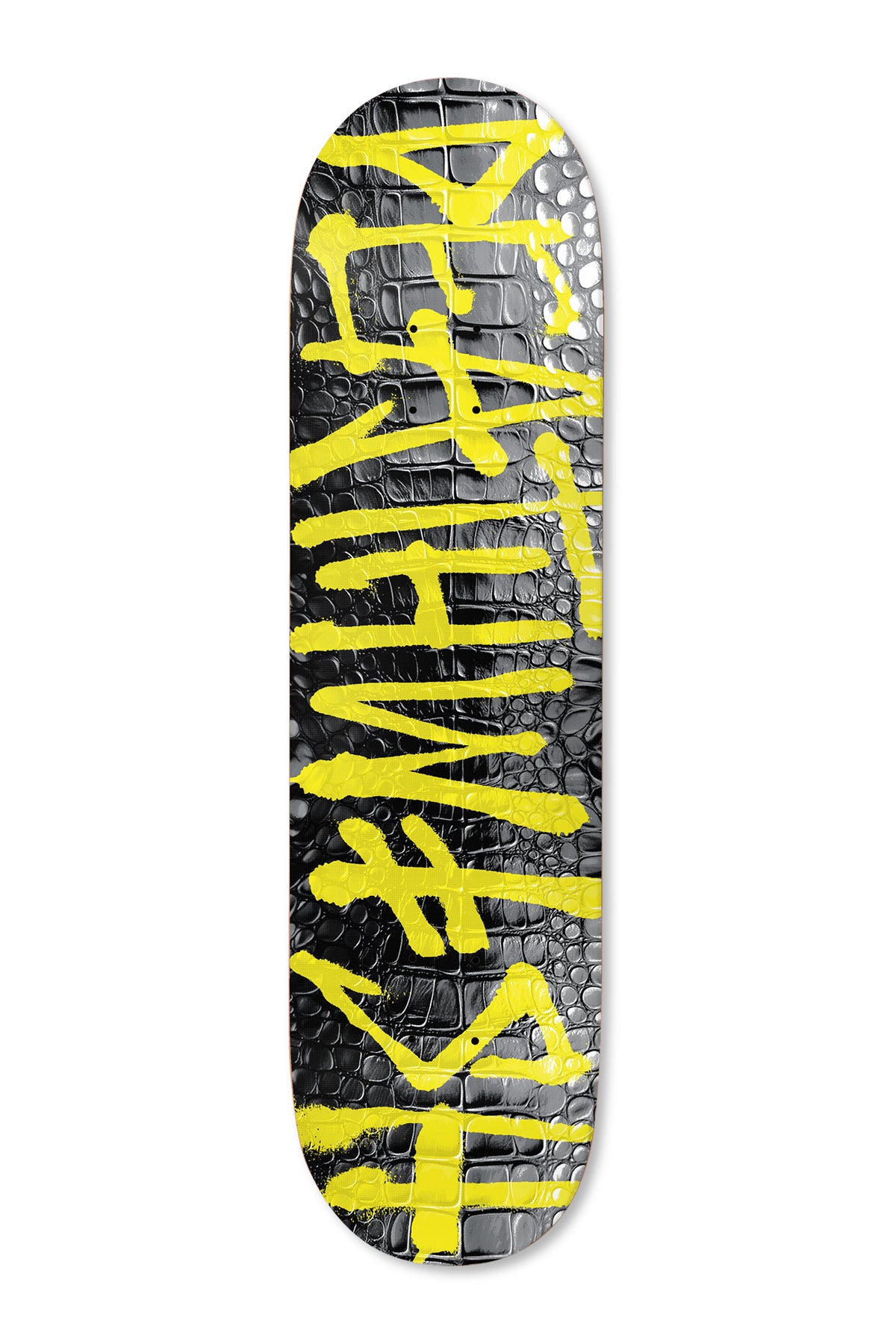 Deathwish Daisy Gator 8.0 skateboard deck: Large yellow brush-painted Deathwish lettering running up the deck over a glossy black and grey crocodile-skin texture.